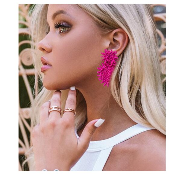 Fuchsia Pink Seed Beaded Round Statement Earrings NEW - Picture 3 of 3